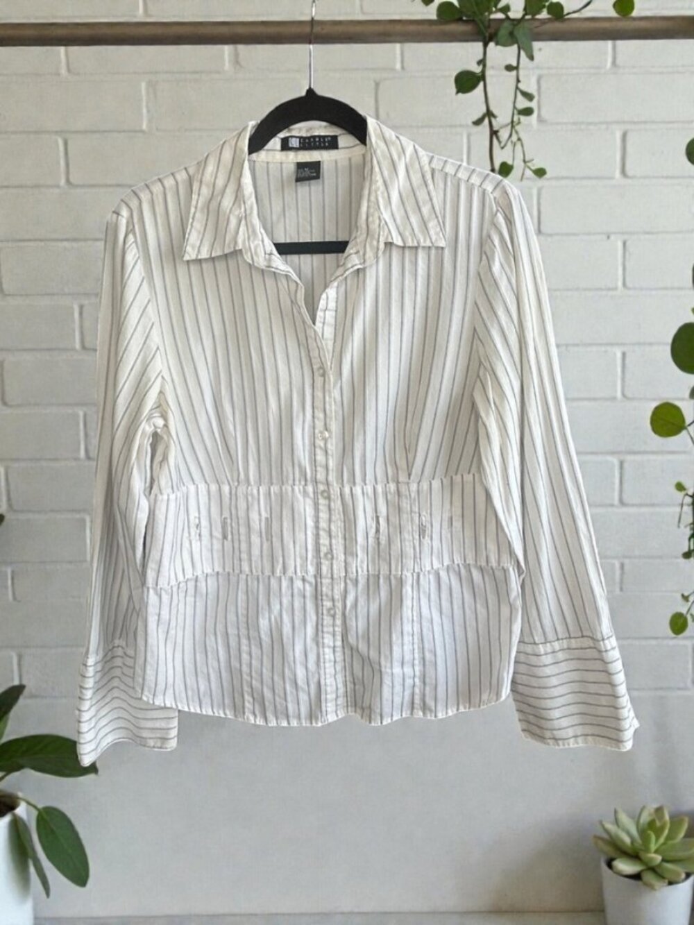 Carole Little Vintage White Subtle Stripe Blouse Size XL